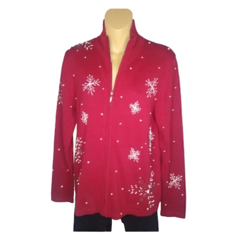 Norm Thompson Red Zip Up Cotton With Embroidered & Beaded Snowflakes SZ Small